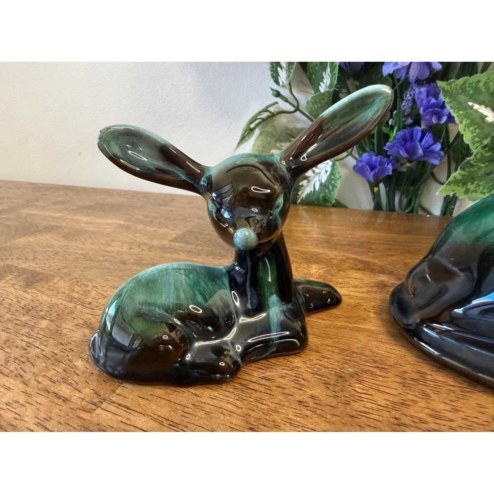 Vintage Blue Mountain Pottery Deer Mom Fawn Pair Green Drip Glaze Canada Figures - Picture 6 of 10